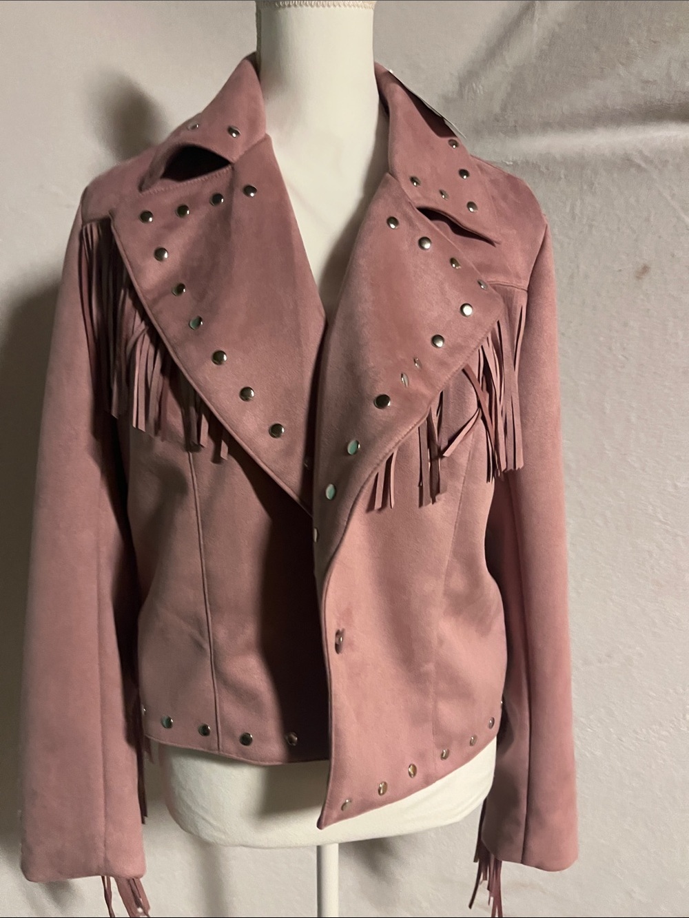 Adore Mauve Suede Fringe Moto Jacket with Studs